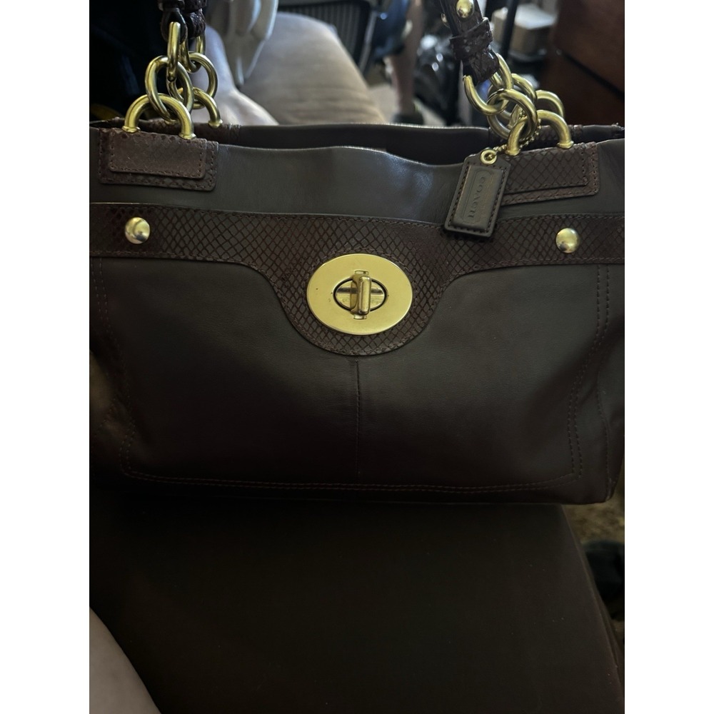 Coach penelope Leather Carryall Snakeskin Accent Turn lock Bag F16531 EUC PT2 - Picture 2 of 13